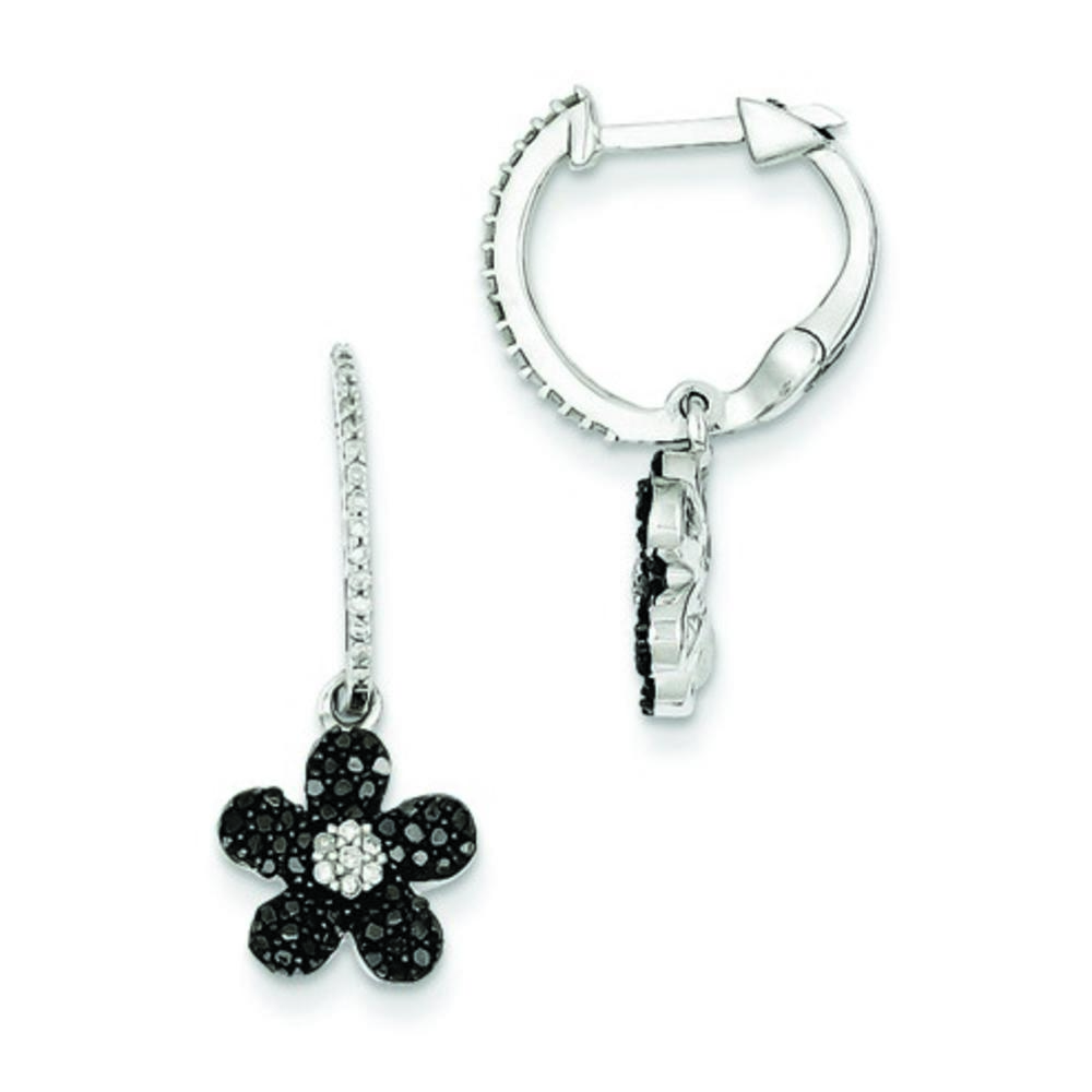 Jewelryweb Sterling Silver Black and White Diamond Flower Hinged Hoop Earrings