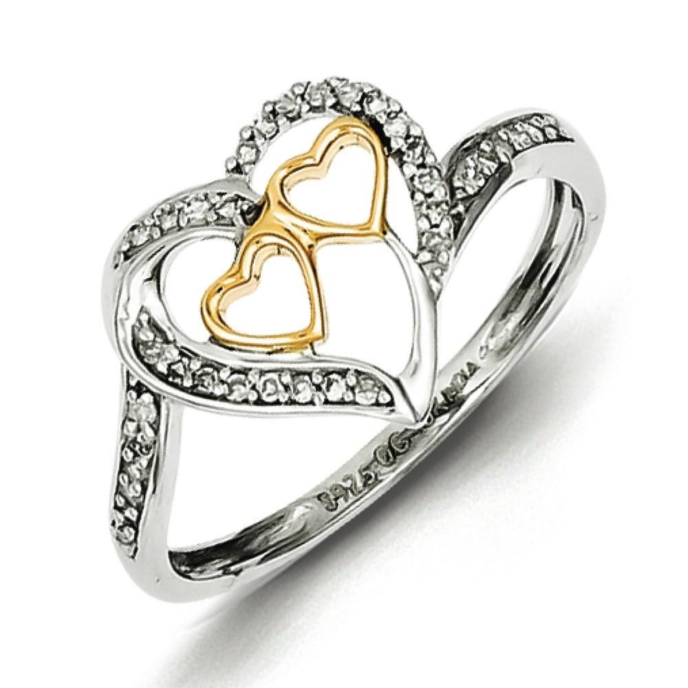 Jewelryweb Sterling Silver and 14k Two Tone Diamond Hearts In Heart Ring - Size 6