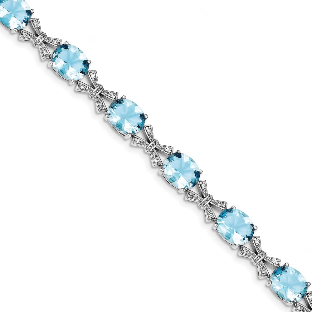 Jewelryweb Sterling Silver Blue Oval and Clear Cubic Zirconia Bracelet - 7 Inch - Box Clasp