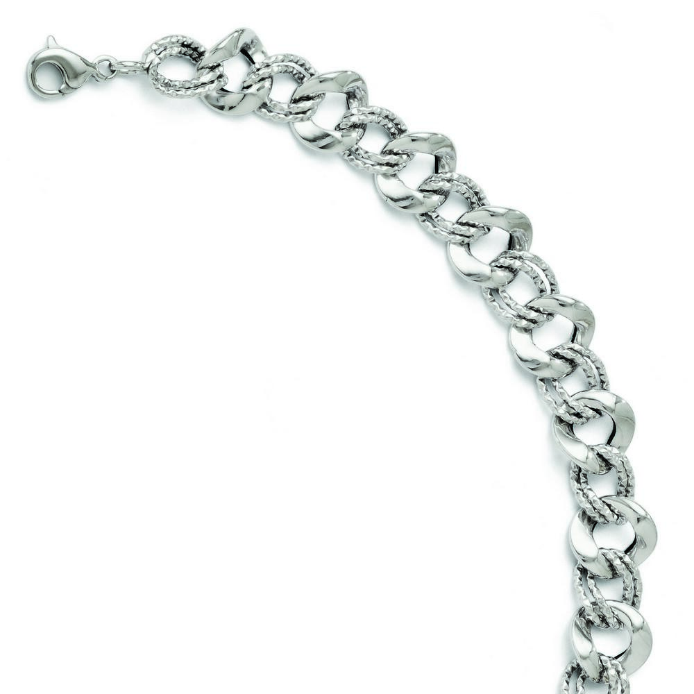 Jewelryweb 14k White Gold Polished and Textured Link Bracelet - 8 Inch