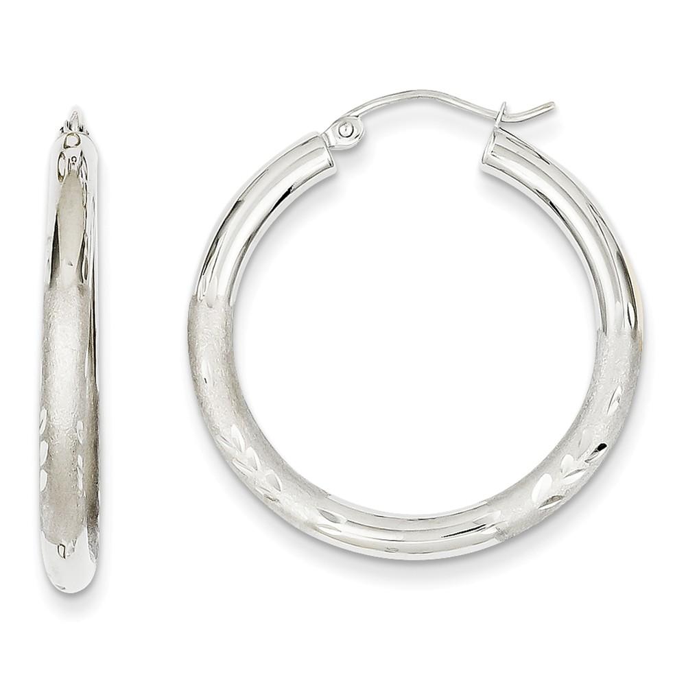 Jewelryweb 14k White Gold Satin and Sparkle-Cut 3mm Round Hoop Earrings