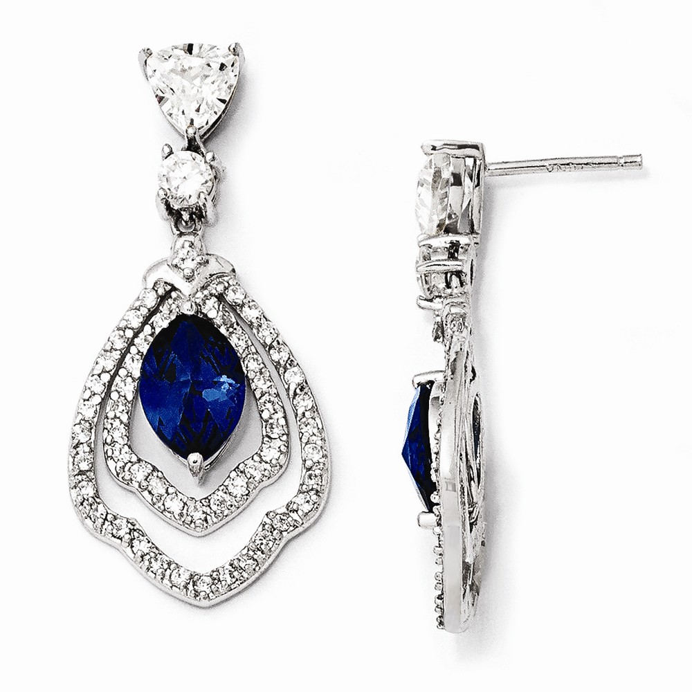 Jewelryweb Sterling Silver Marquise Synth Sapphire and Cubic Zirconia Dangle Post Earrings - Measures 34x16mm W