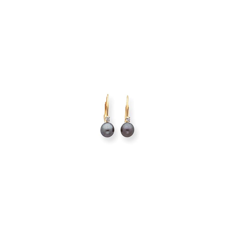 Jewelryweb 14k Yellow Gold 5mm Black Freshwater Cultured Pearl Diamond Leverback Earrings