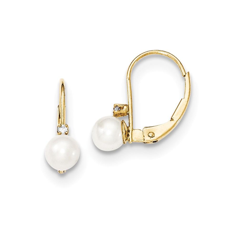 Jewelryweb 14k Yellow Gold 5mm Freshwater Cultured Pearl Diamond Leverback Earrings - Measures 15x5mm Wide