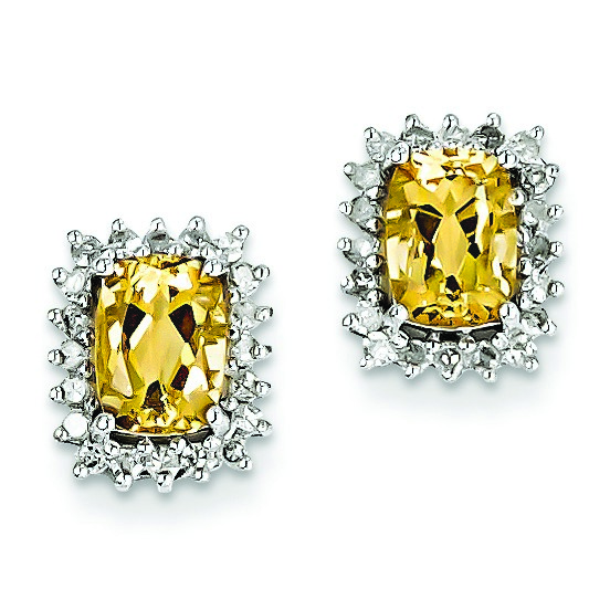 Jewelryweb Sterling Silver Rhodium Plated Diamond Citrine Post Earrings