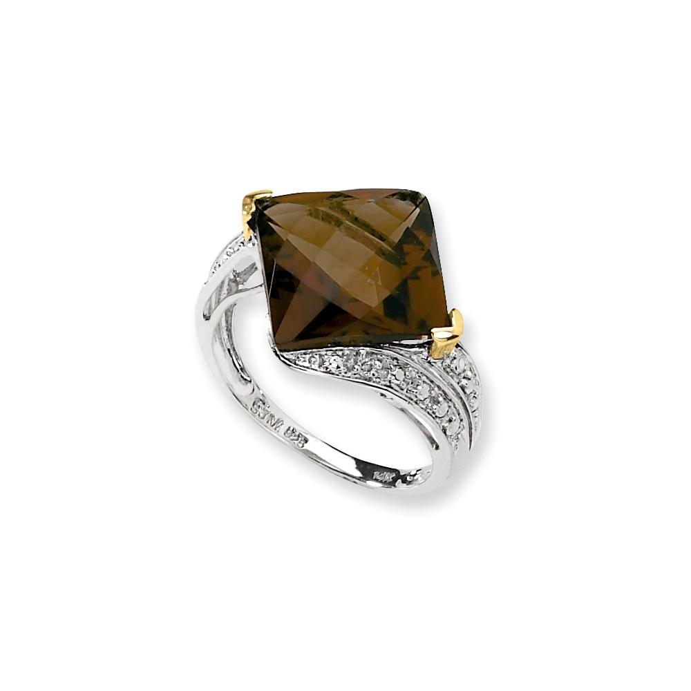 Jewelryweb Sterling Silver and 14K Whiskey Quartz and Diamond Ring - Measures 2x11mm - Size 8