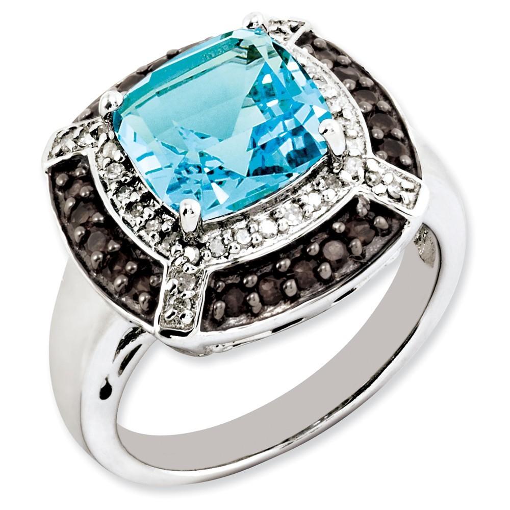 Jewelryweb Sterling Silver Blue Topaz and Smokey Quartz And Diamond Ring - Size 9