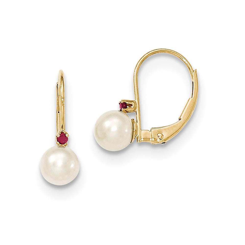 Jewelryweb 14k Yellow Gold 5-5.5mm White Freshwater Cultured Pearl and .02ct. Ruby Leverback Earrings