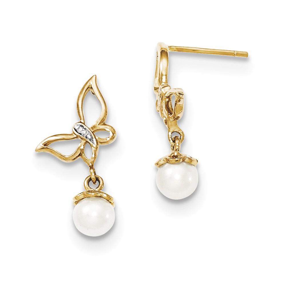 Jewelryweb 14k Yellow Gold Diamond and Freshwater Cultured Pearl Butterfly Post Dangle Earrings