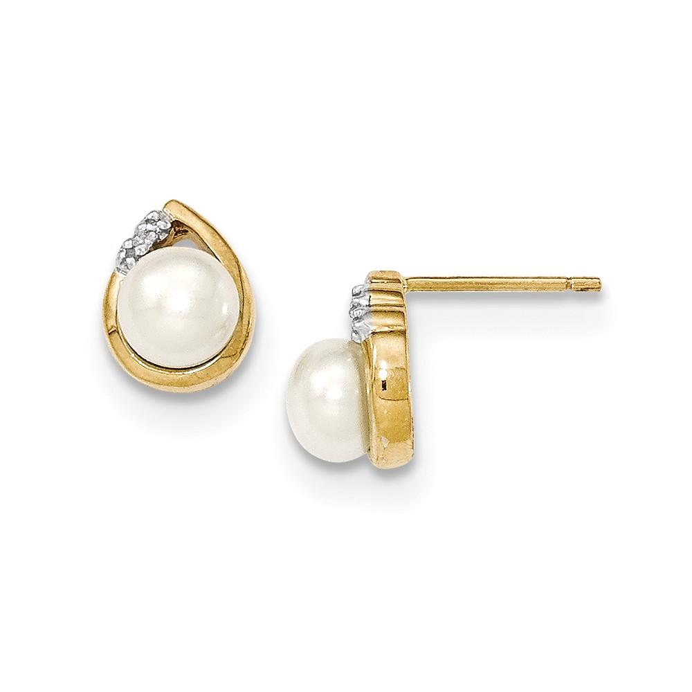 Jewelryweb 14k Yellow Gold and Rhodium 5.5mm Freshwater Cultured Pearl And Diamond Post Earrings