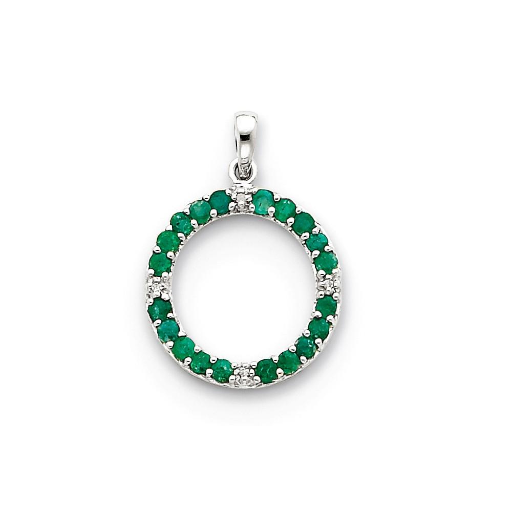 Jewelryweb 14k White Gold Emerald and Diamond Circle Pendant