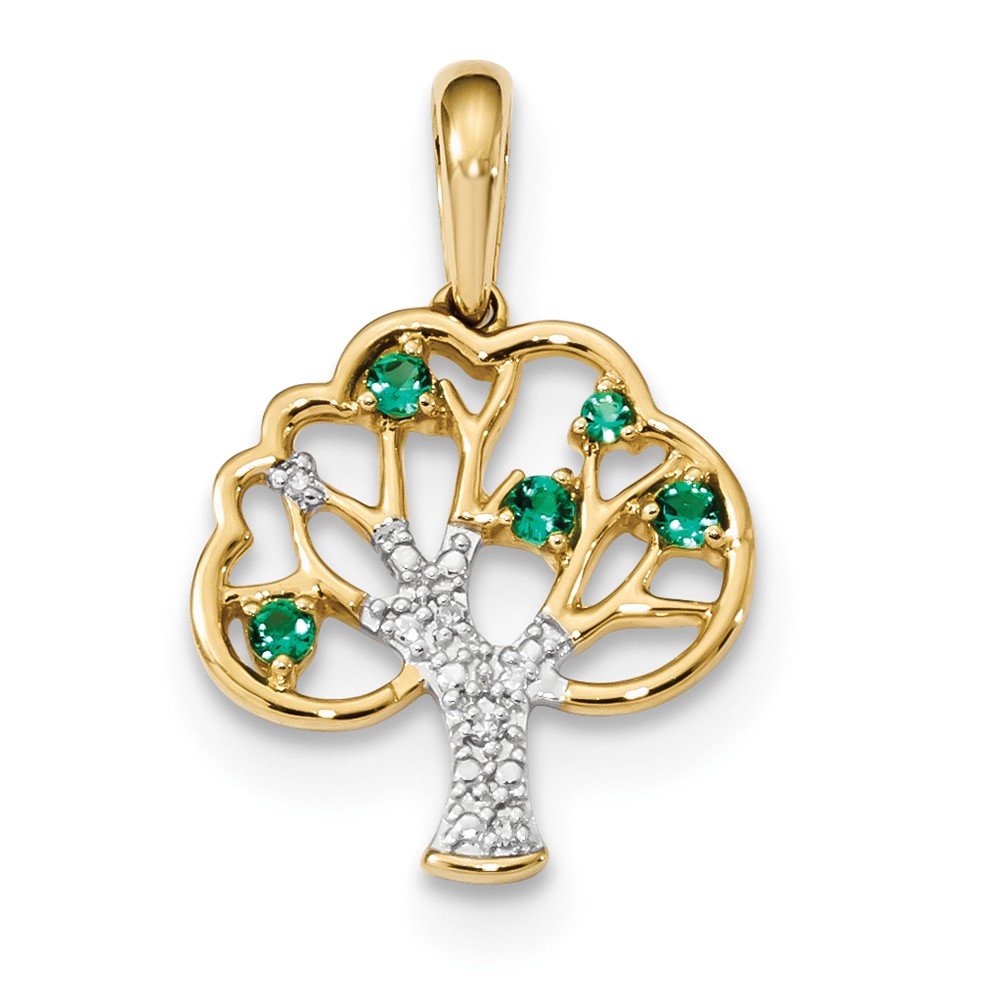 Jewelryweb 16.5mm 14k Gold With Created Emerald and Diamond Polished Pendant