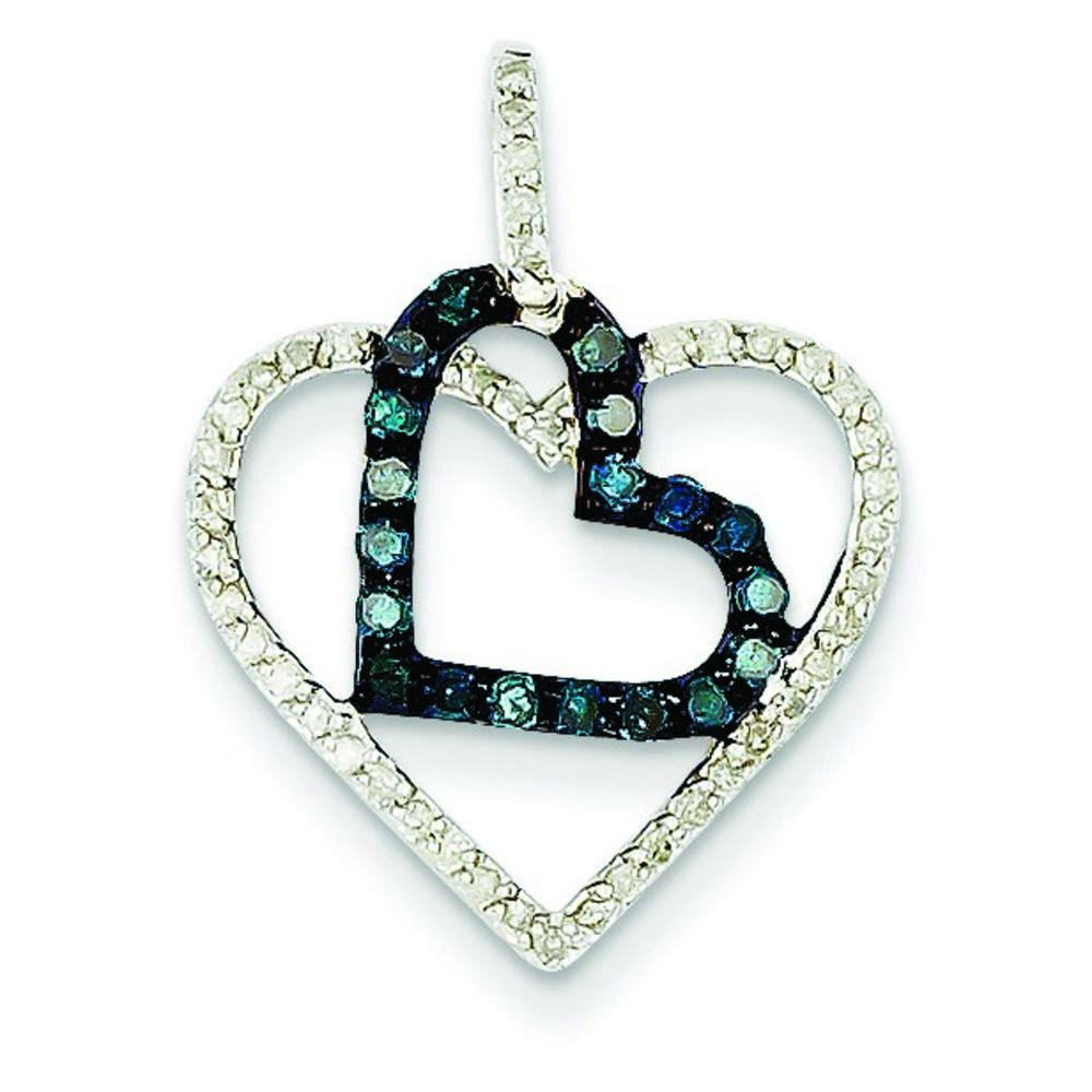 Jewelryweb 14k White Gold White and Blue Diamond Heart Pendant