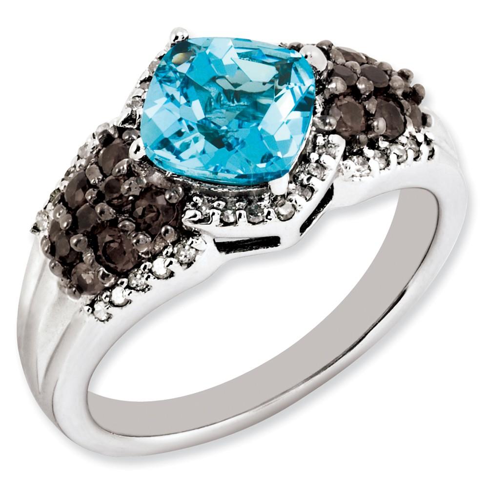 Jewelryweb Sterling Silver Blue Topaz and Smokey Quartz And Diamond Ring - Size 7