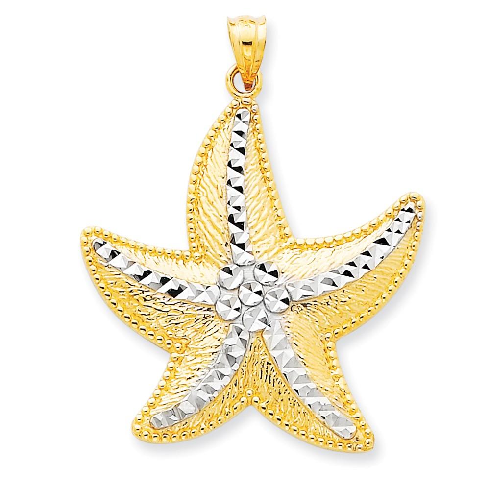 Jewelryweb 14K and Rhodium Sparkle-Cut Textured StarFish Pendant - Measures 42x32mm Wide