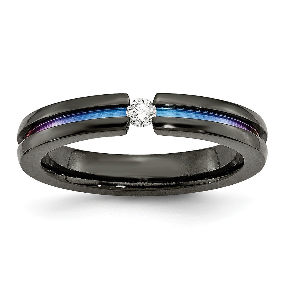 Jewelryweb Titanium Black Ti Multi-colored Anodized With 3mm .14ct Diamond 4mm Band Ring - Size 6.5