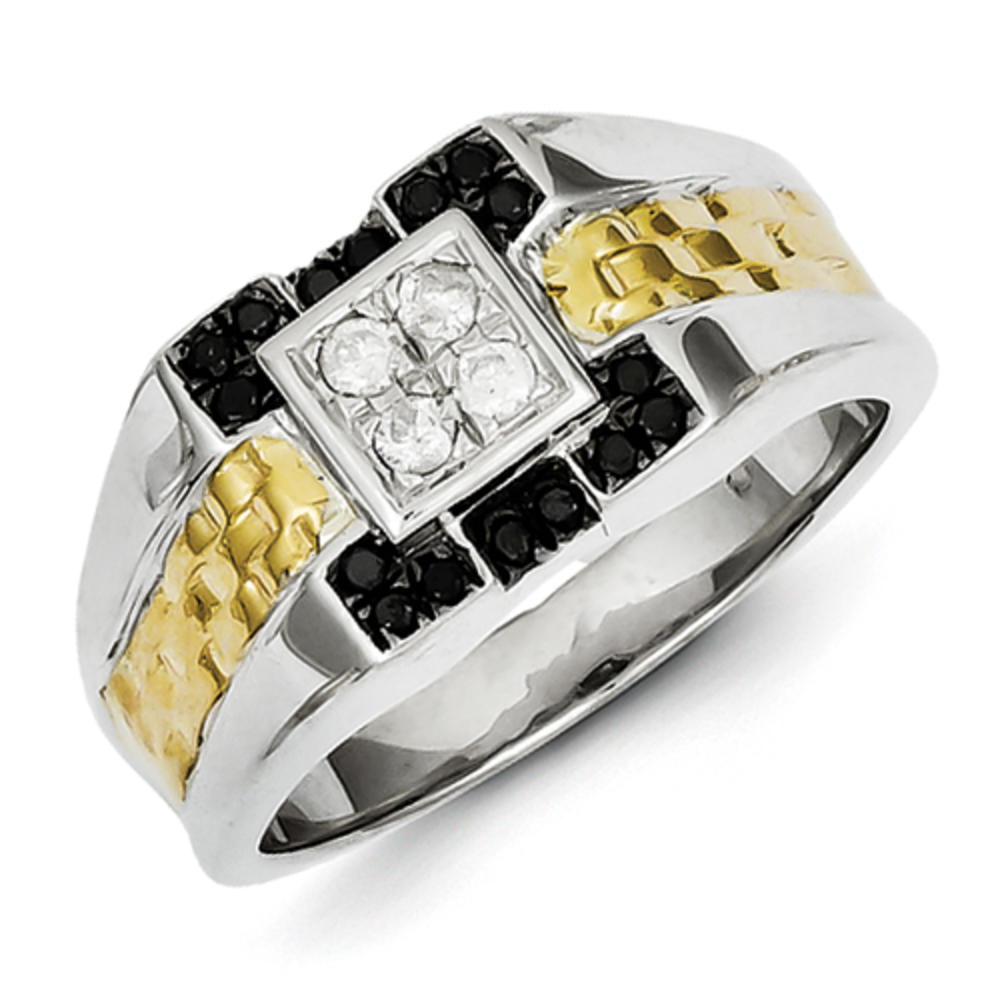 Jewelryweb Sterling Silver and Gold-Flashed Black And White Diamond Mens Ring - Size 11