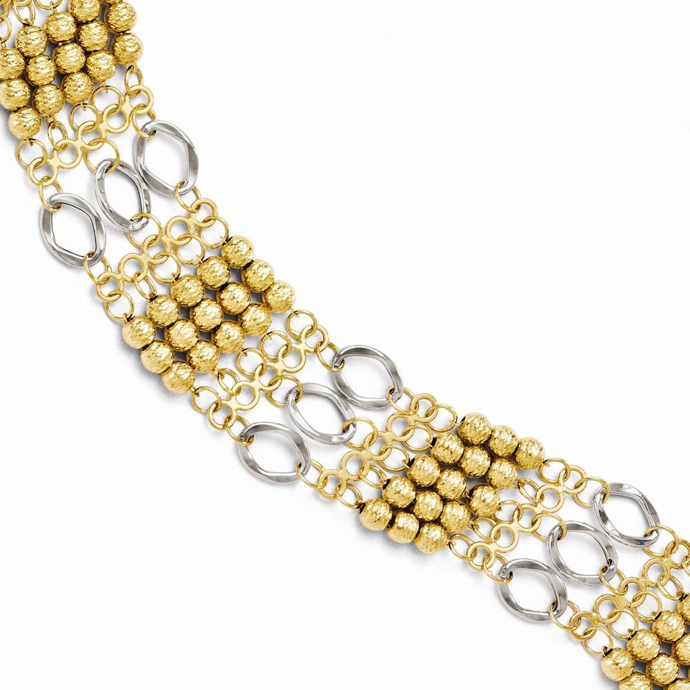 Jewelryweb 14k Two-Tone Gold Polished and Textured Beads With 1inch Ext Bracelet - 7 Inch