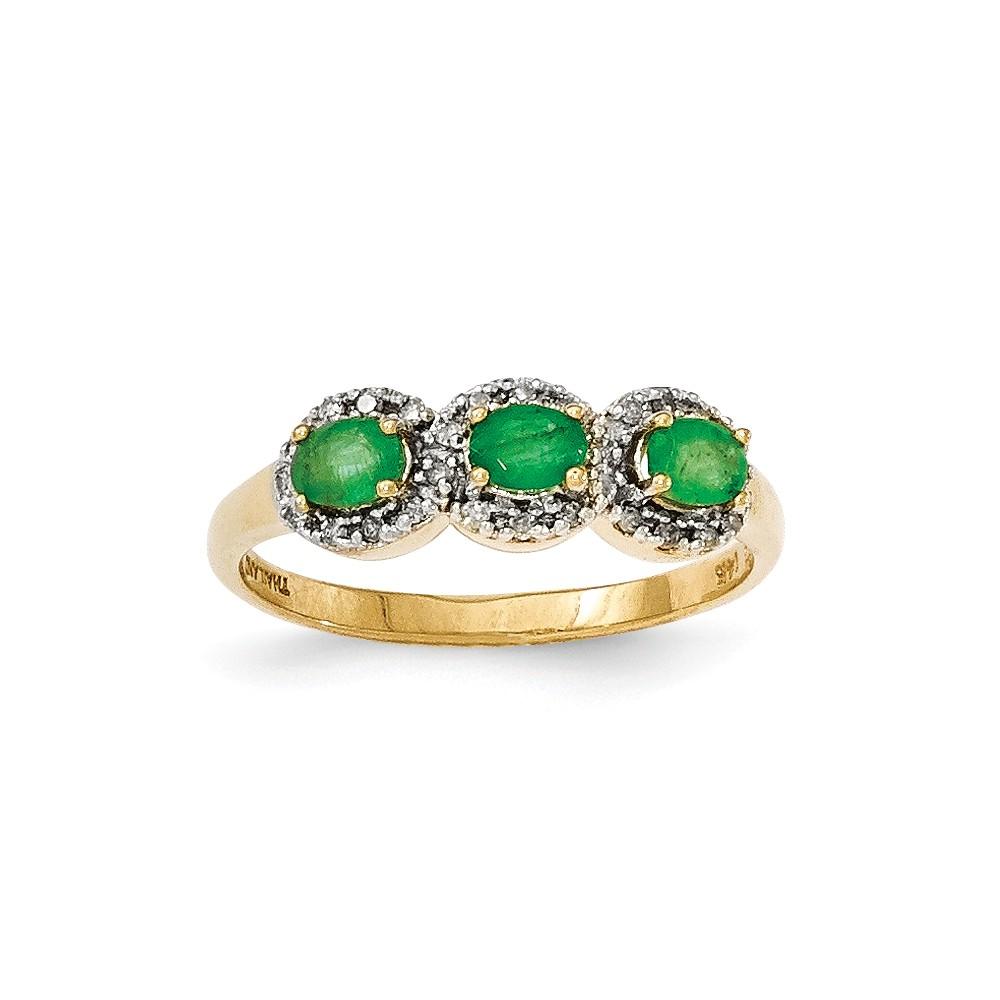 Jewelryweb 14k Yellow Gold Emerald and Diamond Three Stone Ring
