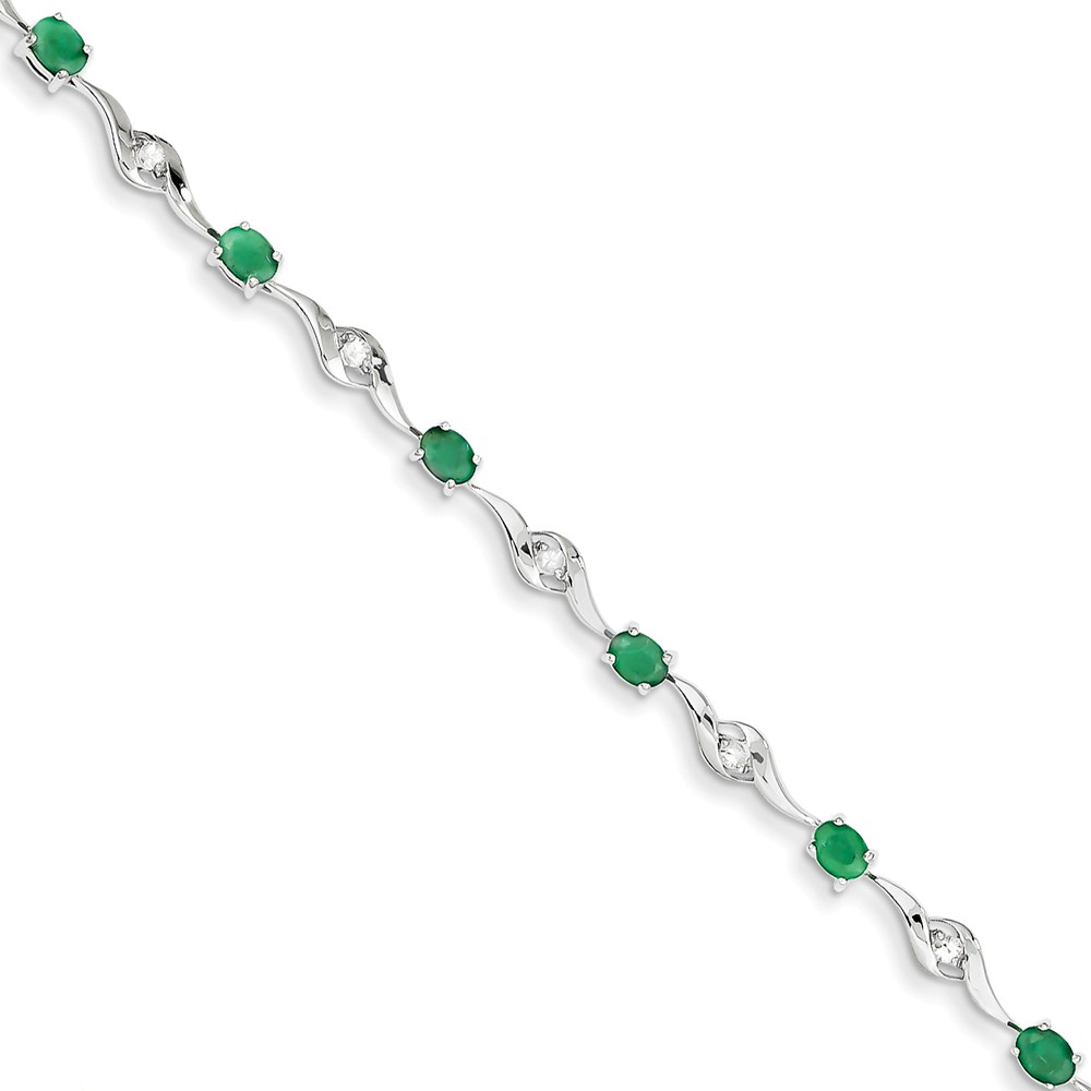 Jewelryweb 14k White Gold With White Sapphire and Emerald Gemstone Bracelet