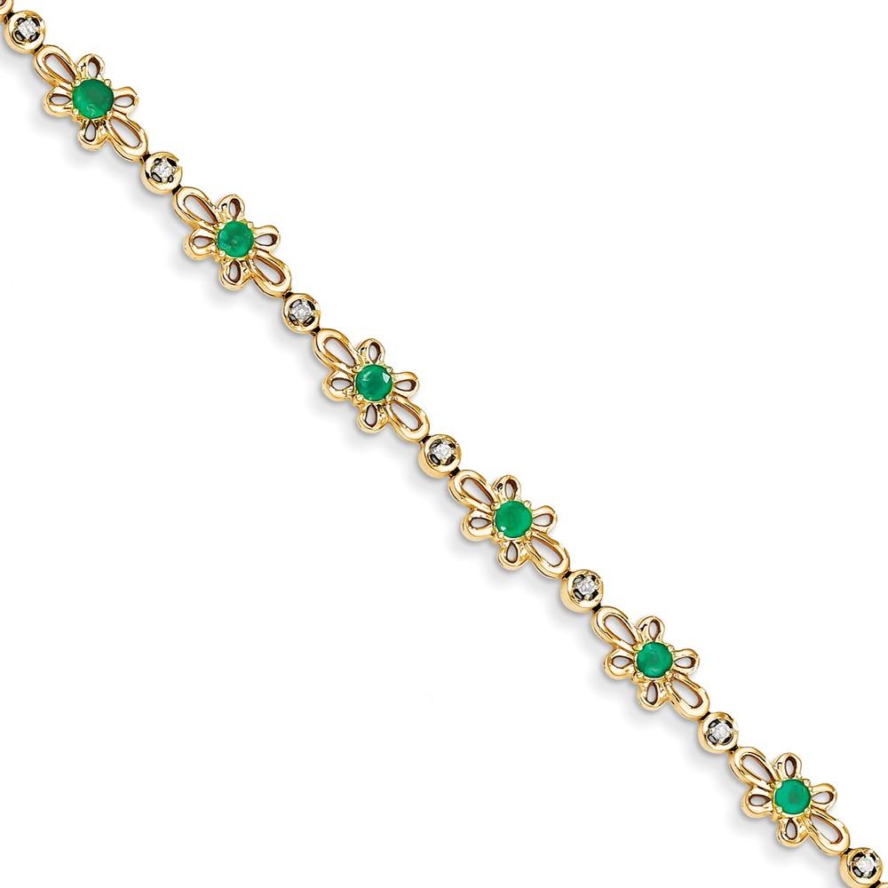 Jewelryweb 14k Yellow Gold Diamond and Emerald Flower Bracelet