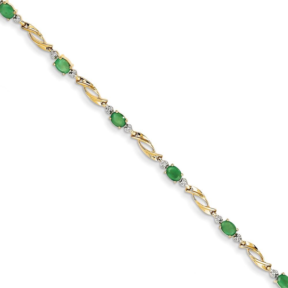 Jewelryweb 14k Yellow Gold Diamond and Emerald Oval Bracelet