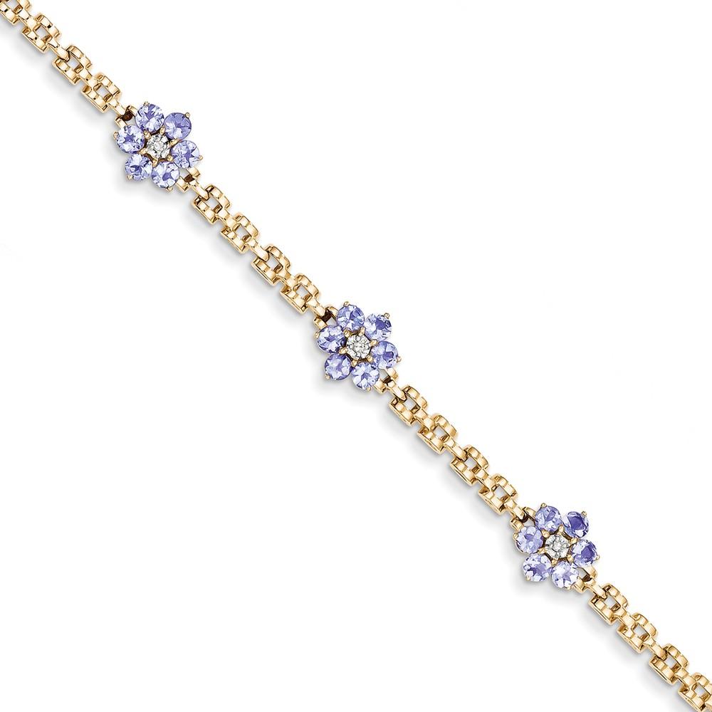 Jewelryweb 14k Yellow Gold Fancy Floral Diamond Tanzanite Bracelet - 7 Inch - Box Clasp