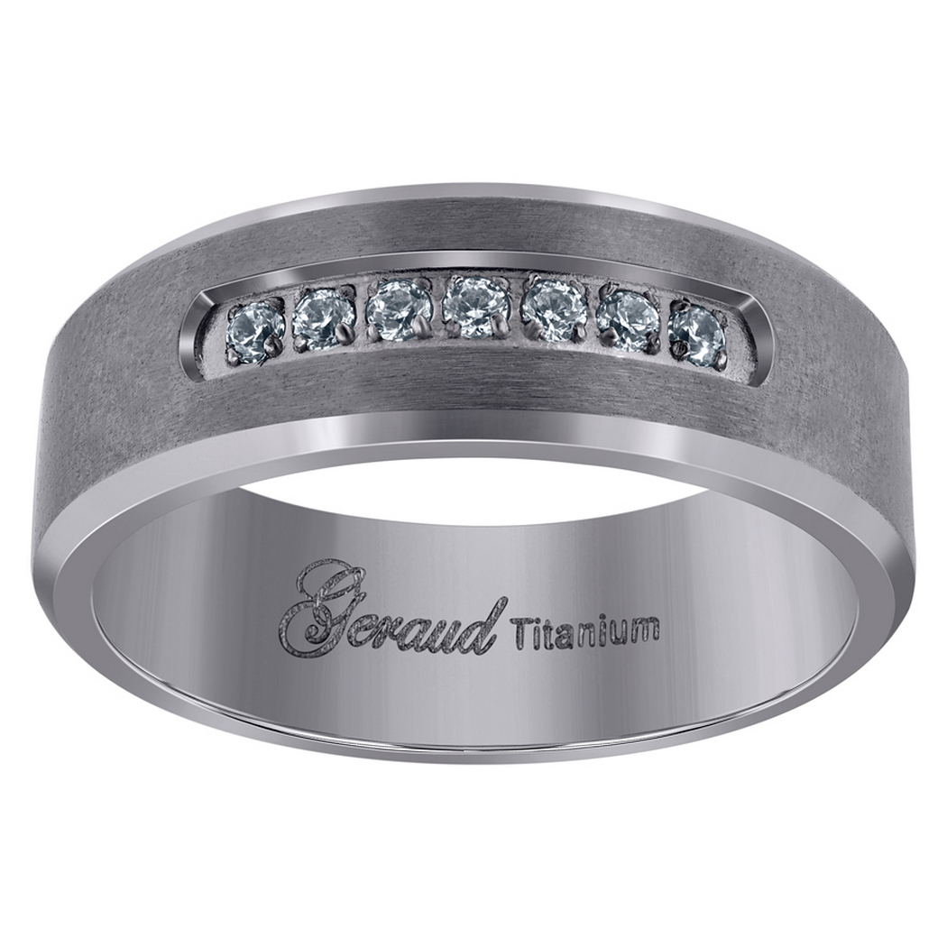 Jewelryweb Titanium Mens Cubic Zirconia CZ Brushed Beveled Edge Comfort Fit Wedding Band 7mm Size 8.5