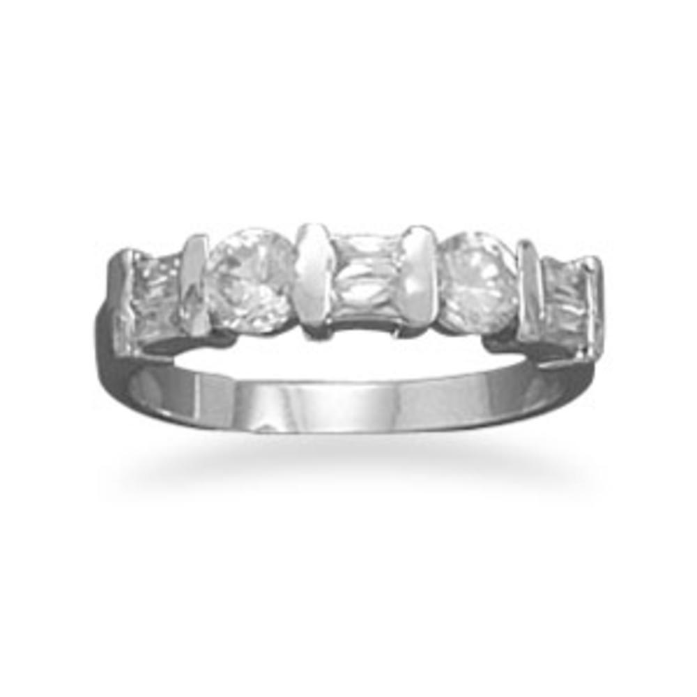 Jewelryweb Rhodium Plated 4mm Baguette Round CZ Ring 2mm Wide Band With 4x19mm Alternating Cz Design - Size 5