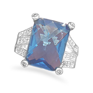 Jewelryweb Faceted Blue Glass Fashion Ring With Split CZ Band Silver Plated Nickel Free And Lead Free - Size 6