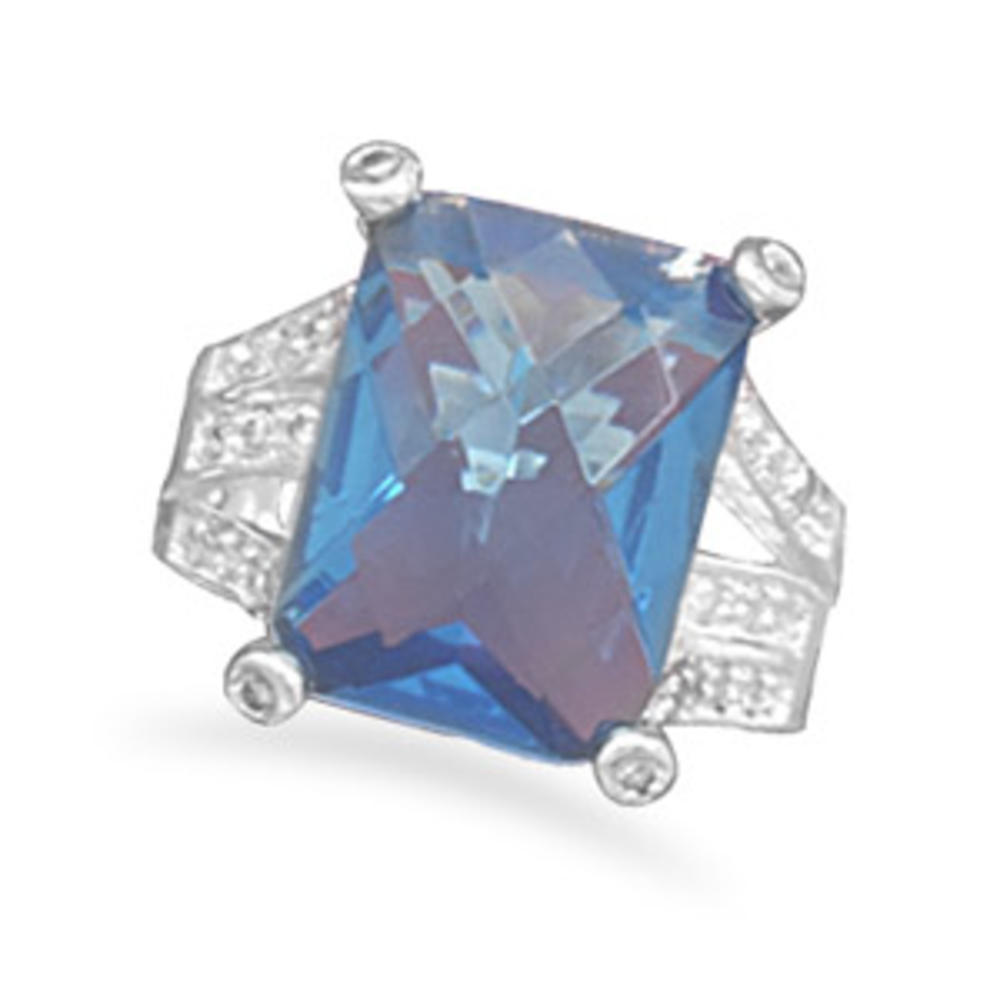 Jewelryweb Faceted Blue Glass Fashion Ring With Split CZ Band Silver Plated Nickel Free And Lead Free - Size 7