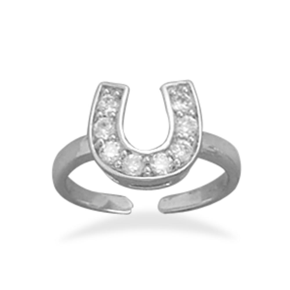 Jewelryweb Rhodium Plated CZ Horseshoe Toe Ring Adjustable Toe Ring With 6x9mm Horseshoe Design With 3mm Czs