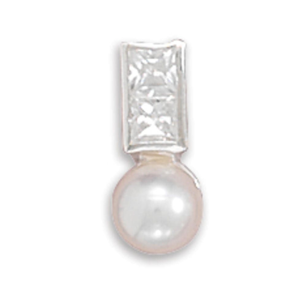 Jewelryweb Sterling Silver Square CZ White Freshwater Cultured Pearl Slide 7.5x4mm Cz Approx 5.5mm Pearl Charm