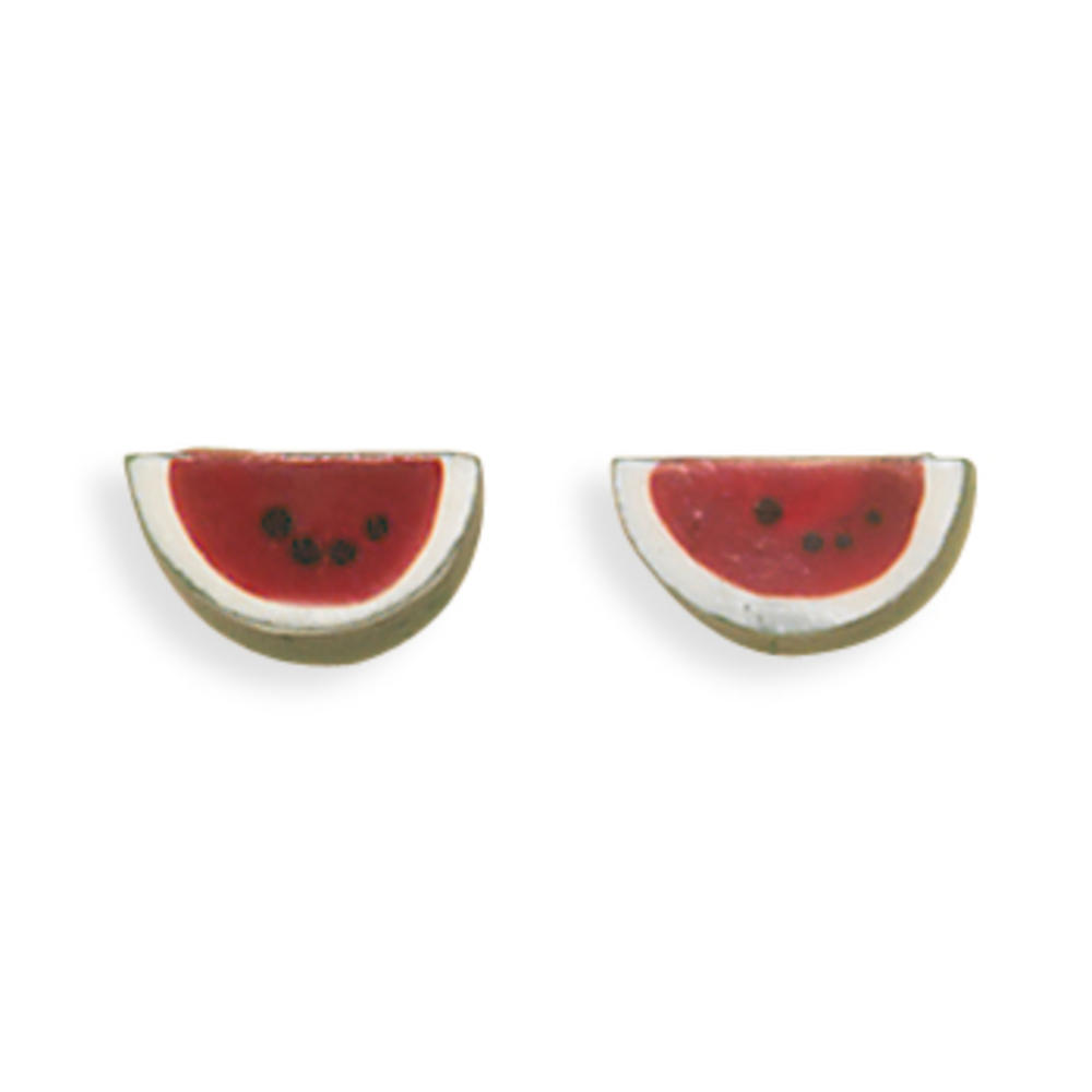 Jewelryweb Sterling Silver and Painted Plastic Watermelon Stud Earrings Measures 9.5mm
