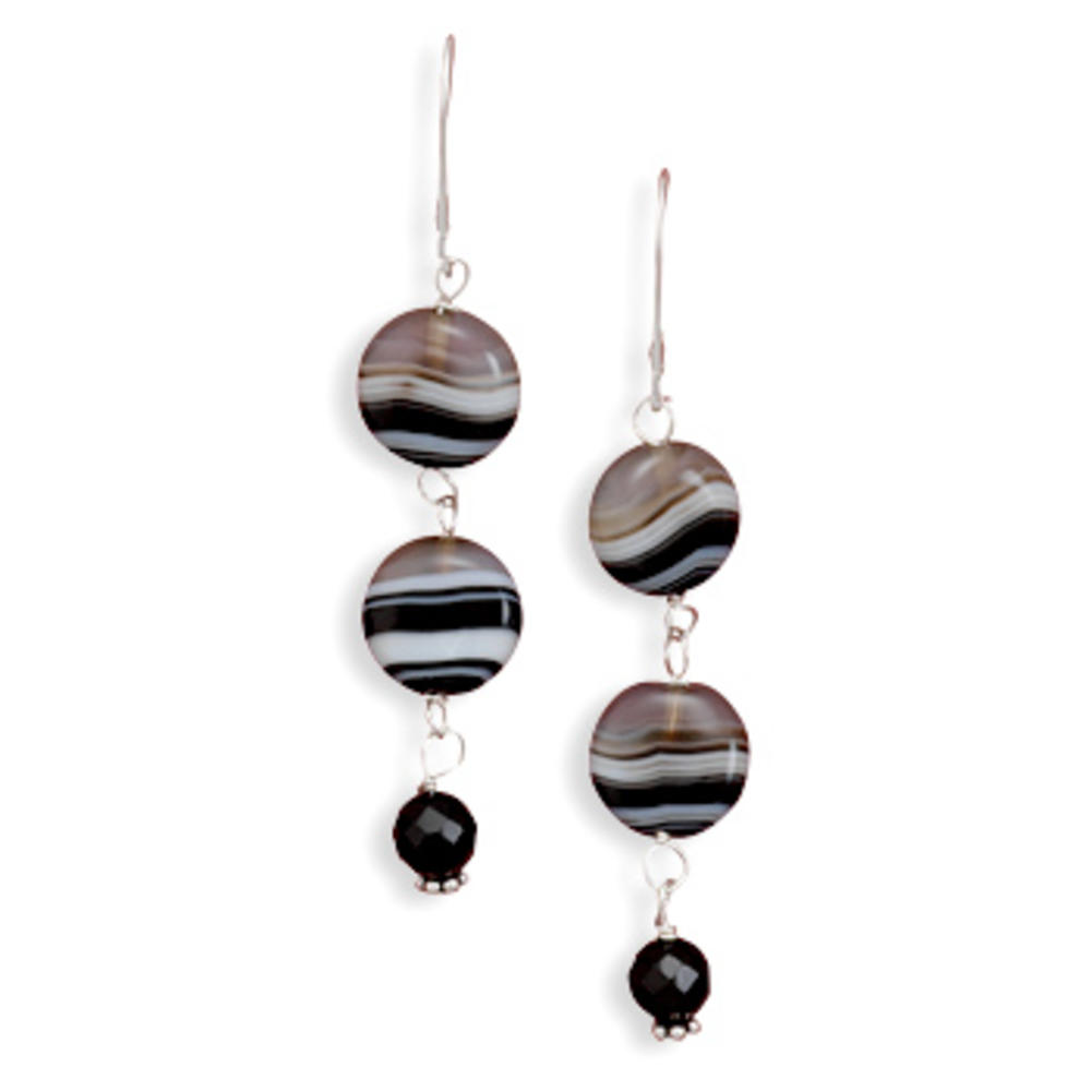 Jewelryweb Sterling Silver Banded Black Simulated Onyx Drop Lever Back Earrings
