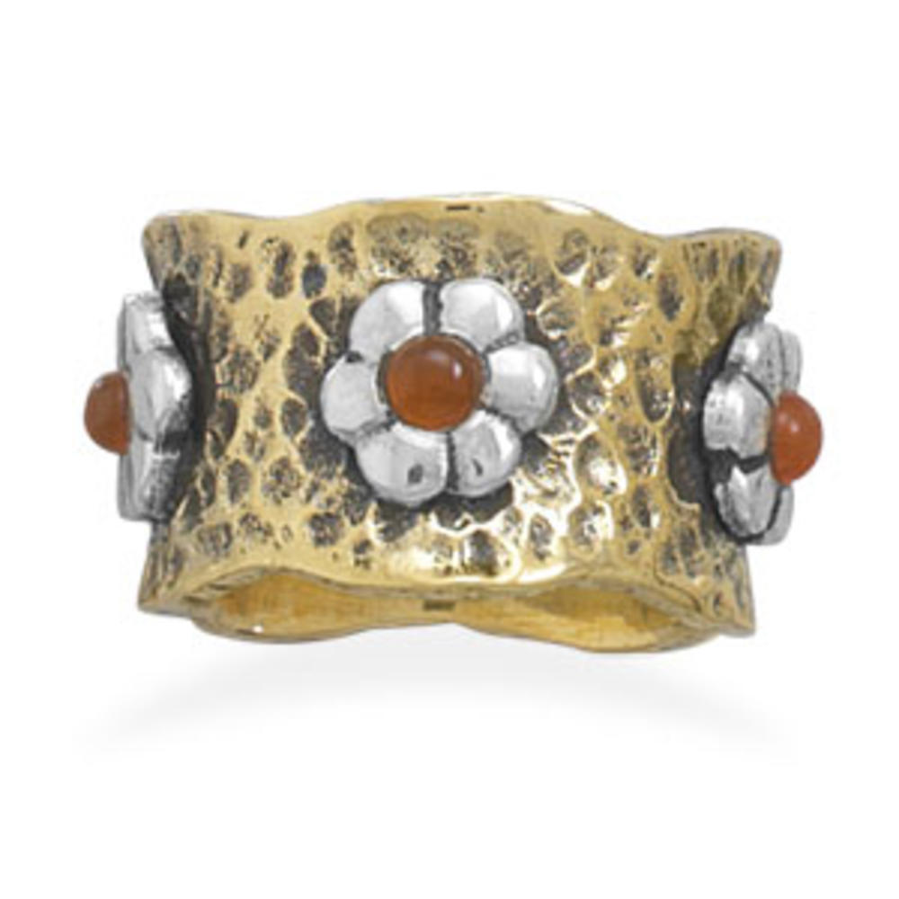 Jewelryweb Textured Brass Ring With 3 Sterling Silver and Carnelian Flowers Band Is 13mm - Size 7