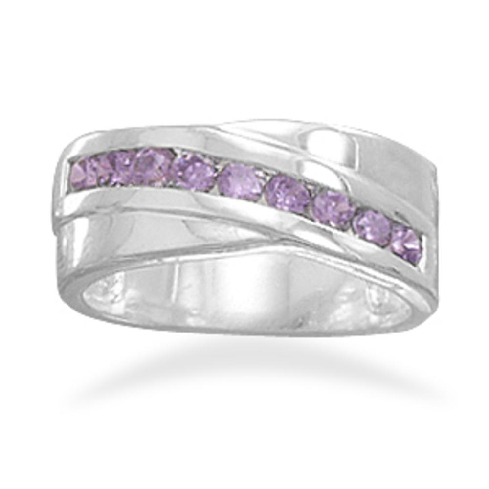 Jewelryweb Sterling Silver Purple Channel Set CZ Ring 5mm Wide Band 20mm Long With 2mm Purple Czs - Size 10