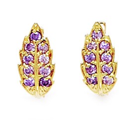 Jewelryweb Sterling Silver Gold-Flashed February B.Stone Amethyst CZ Leaf Leverback Earrings - Measures 14x7mm