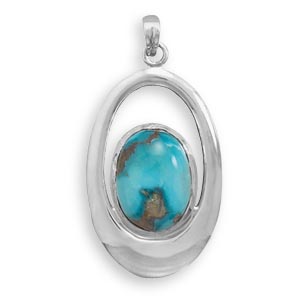 Jewelryweb Sterling Silver Oval Cut Out Pendant With 13mmx18mm Simulated Turquoise Stone Charm