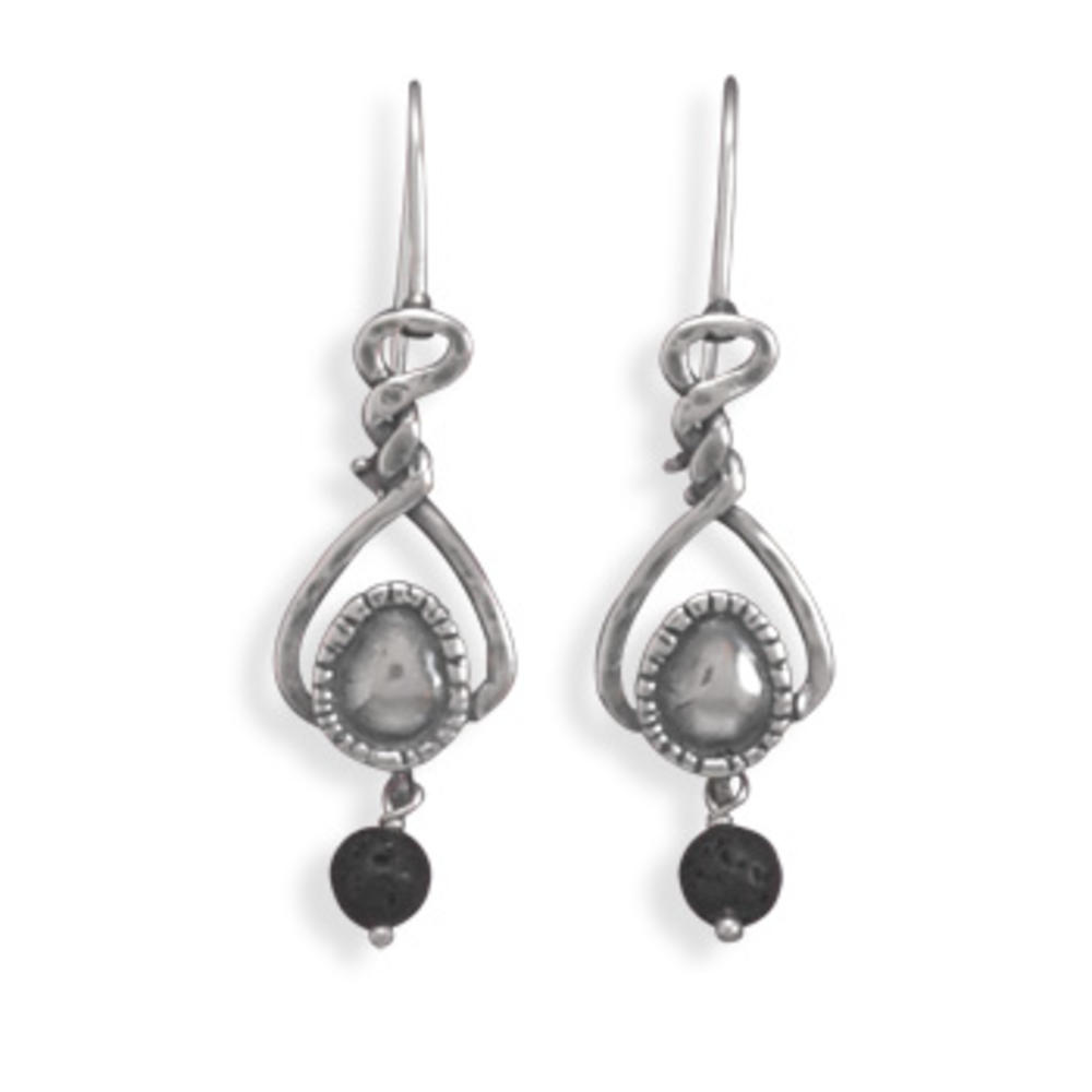 Jewelryweb Oxidized Sterling Silver Twist Top Abstract Design Wire Earrings With 6mm Black Lava Bead Drop
