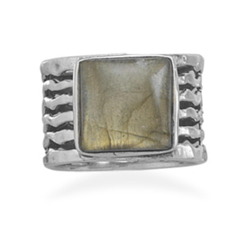 Jewelryweb Hammered Oxidized Sterling Silver Cut Out 14mm Band 13mm Square Labradorite Stone Ring - Size 7
