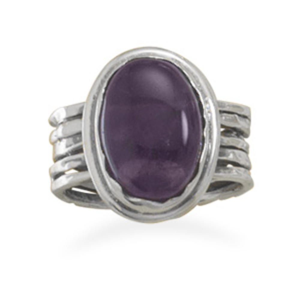 Jewelryweb Oxidized Sterling Silver 14mm X 10mm Oval Amethyst Ring With Lined Design 7.5mm Band - Size 7
