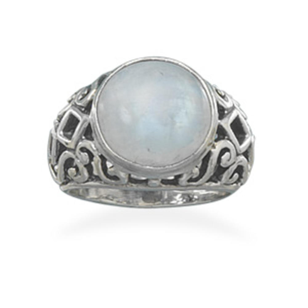 Jewelryweb Oxidized Moonstone Ring Oxidized Sterling Silver Cut Out Design Band 13mm Rainbow Moonstone - Size 7