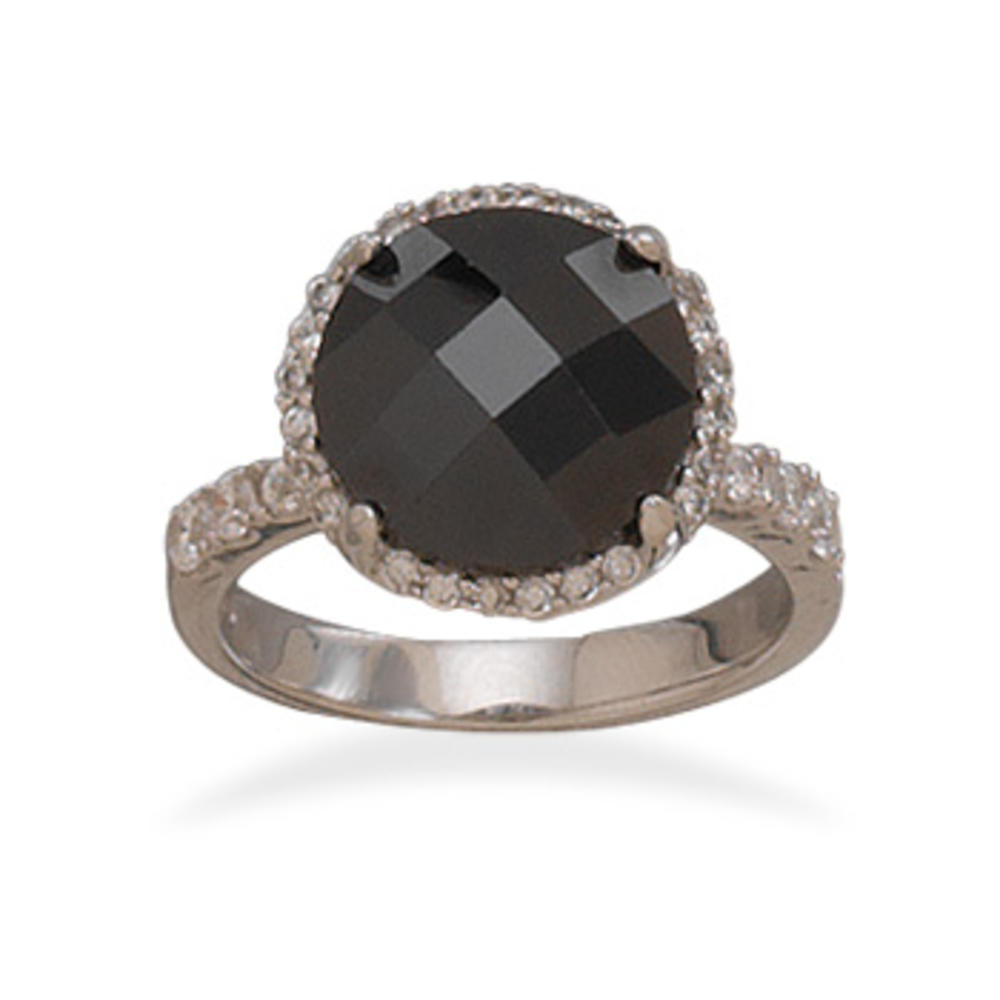 Jewelryweb Rhodium Plated Ster. Silver 12mm Black Checkerboard Cut CZ Ring Clear Czs Around The Stone - Size 8