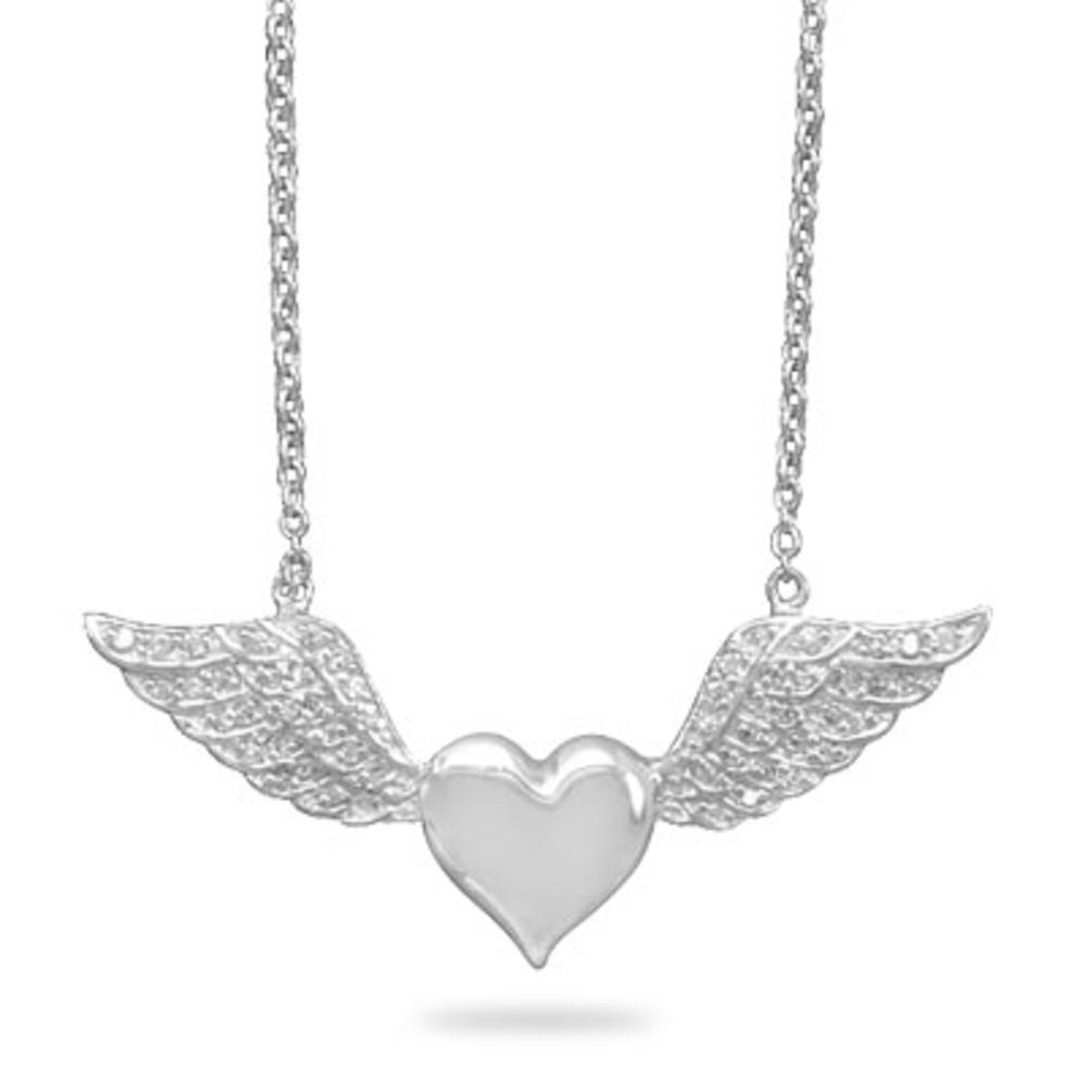 Jewelryweb 16 Inch Rhodium Plated Heart With Cubic Zirconia Wings Necklace