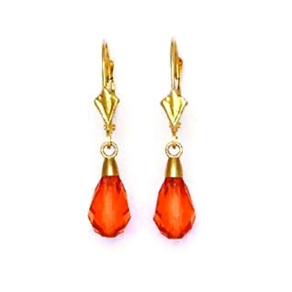 Jewelryweb 14k Yellow Gold 9x6 mm Briolette Padparadscha-Sapphire Crystal Earrings
