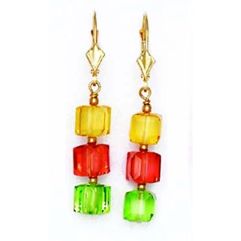 Jewelryweb 14k Yellow Gold 6 mm Cube Yellow Red and Green Crystal Earrings