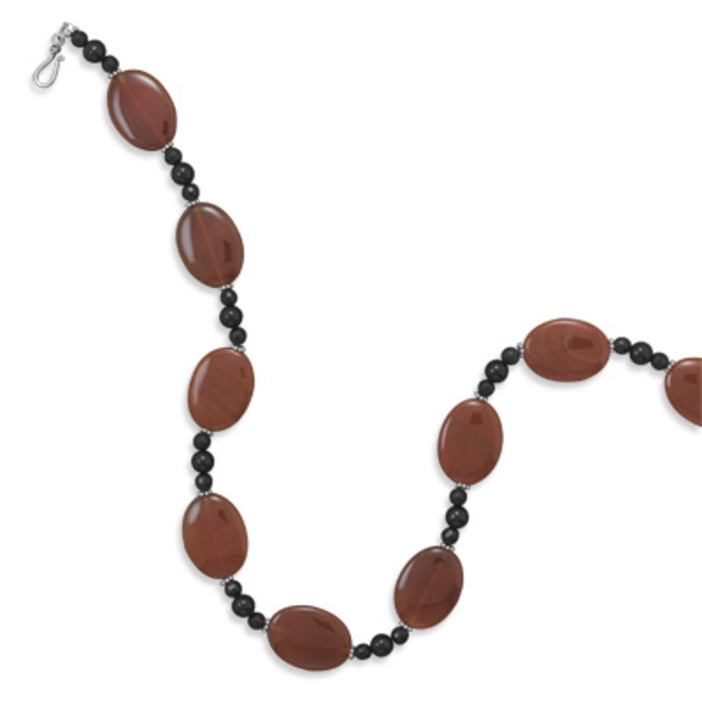Jewelryweb 21 Inch Sterling Necklace 21mm X 29mm Carnelian Beads 6mm Black Onyx 8mm Black Onyx Beads - 21 Inch