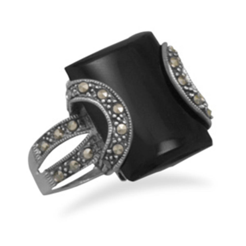 Jewelryweb Sterling Silver 19mmx15mm Black Onyx Ring With Marcasite Design Top and In The Split Band - Size 8