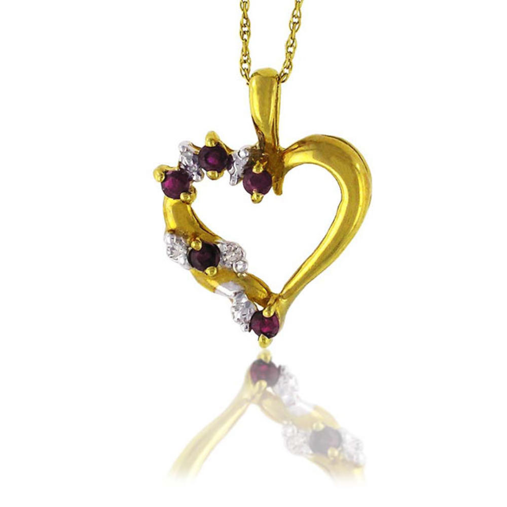 Jewelryweb 10k Yellow 2 mm Heart Ruby and Diamond Pendant